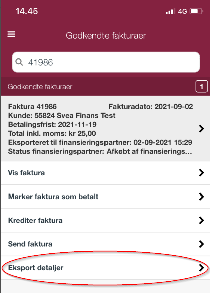 Screenshot se eksportdetaljer på fakturakøb i Minuba Appen