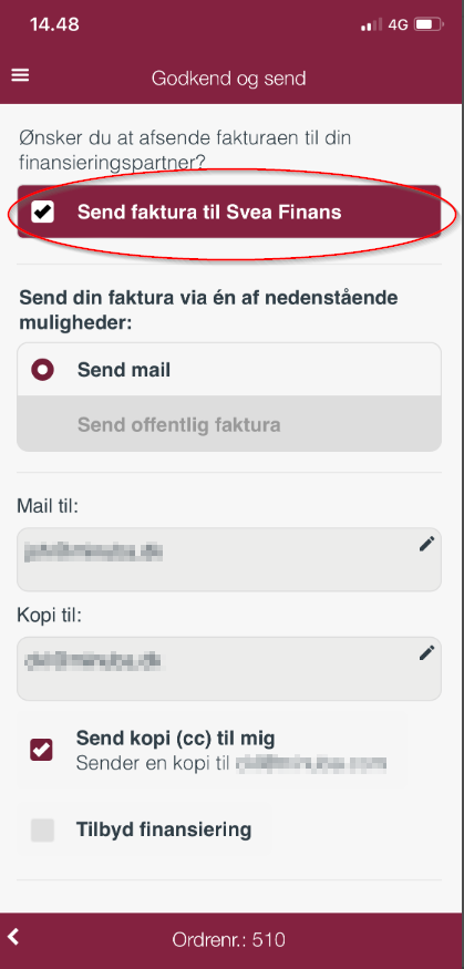 Screenshot send faktura til Svea Finans fra Minuba Appen