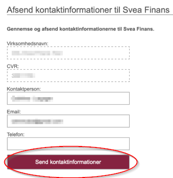 Screenshot afsend kontakt oplysninger til Svea Finans fra Minuba