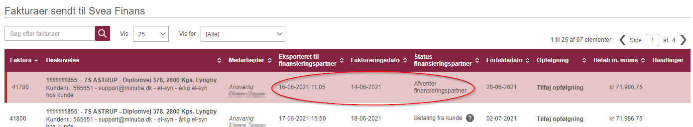 Screenshot overblik over faktura sendt fra Minuba til Svea Finans
