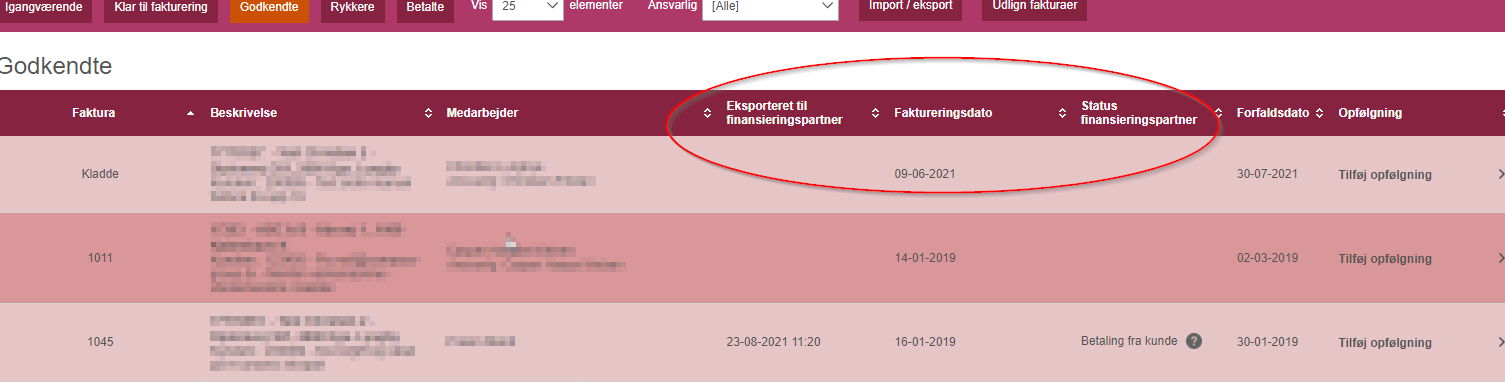 Screenshot af oversigt over Svea Finans fakturakøb i Minuba 