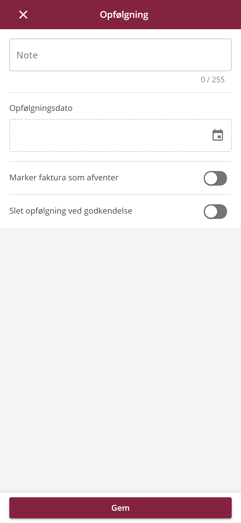 Minuba App Indkøbsfaktura opfølgningsnote