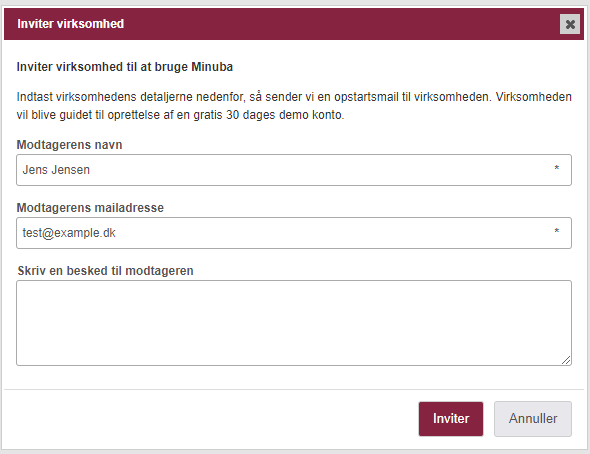 Skærmbillede af information der skal indtastes ifbm. Inviter en virksomhed i Minuba